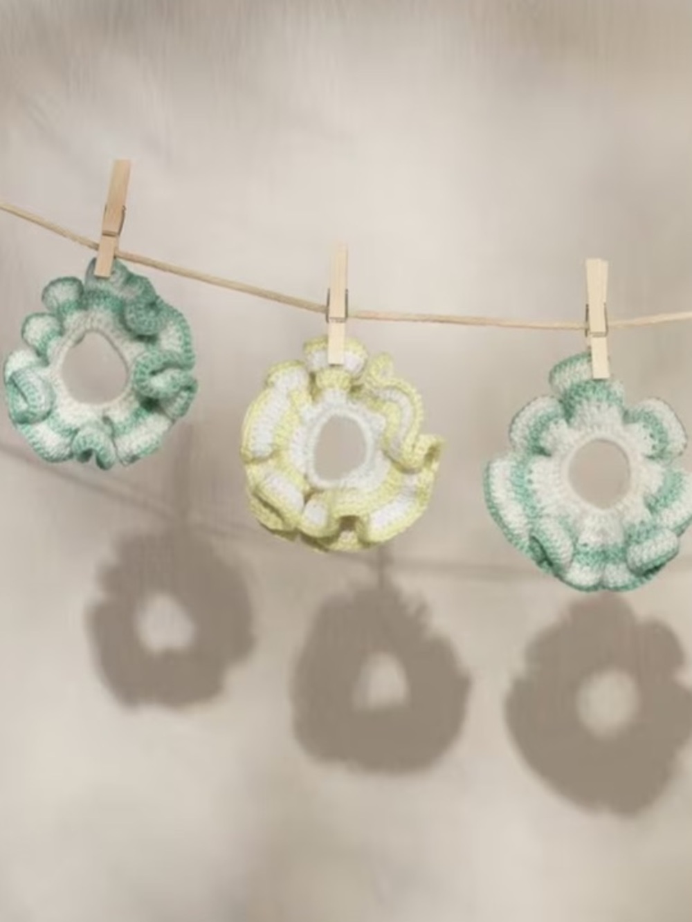 KITSCH BUNDLE of three Crochet Scrunchies, Yellow and Aqua, NWT